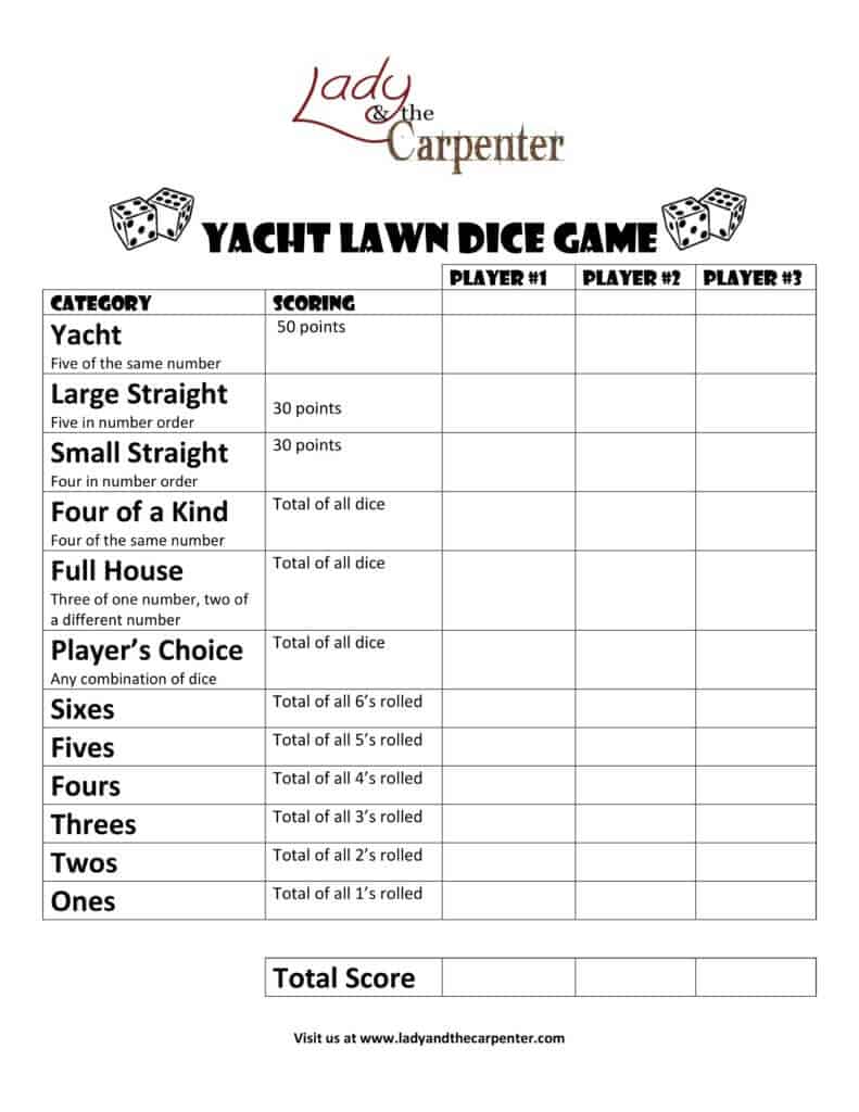 Yacht Dice Game Scoring Printable a k a Yard Yahtzee 